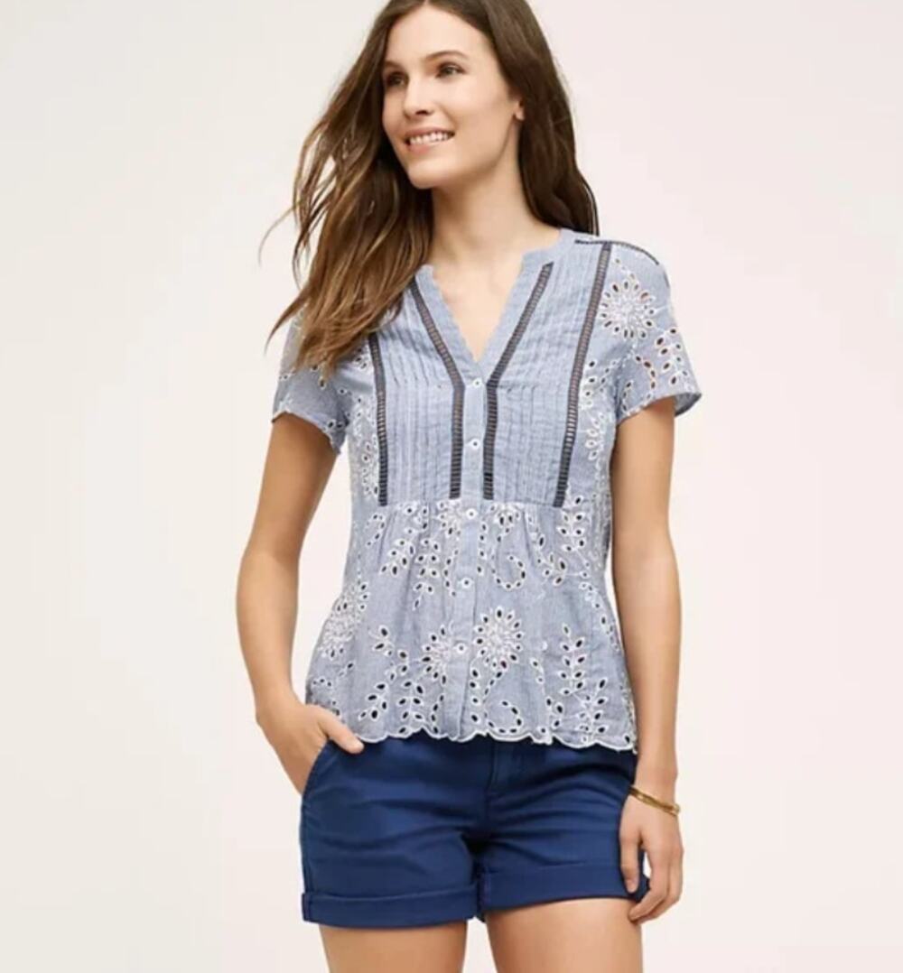 Holding Horses Floral Eyelet Boho Split Neck Top Striped Blue Women's Size 0
